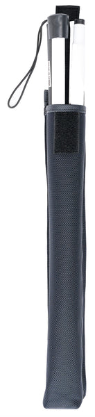 A slim cane pouch with a white cane inside. There is a velcro strap for the top closure. It is made of navy blue ballistic nylon and has a metal clip on the top.