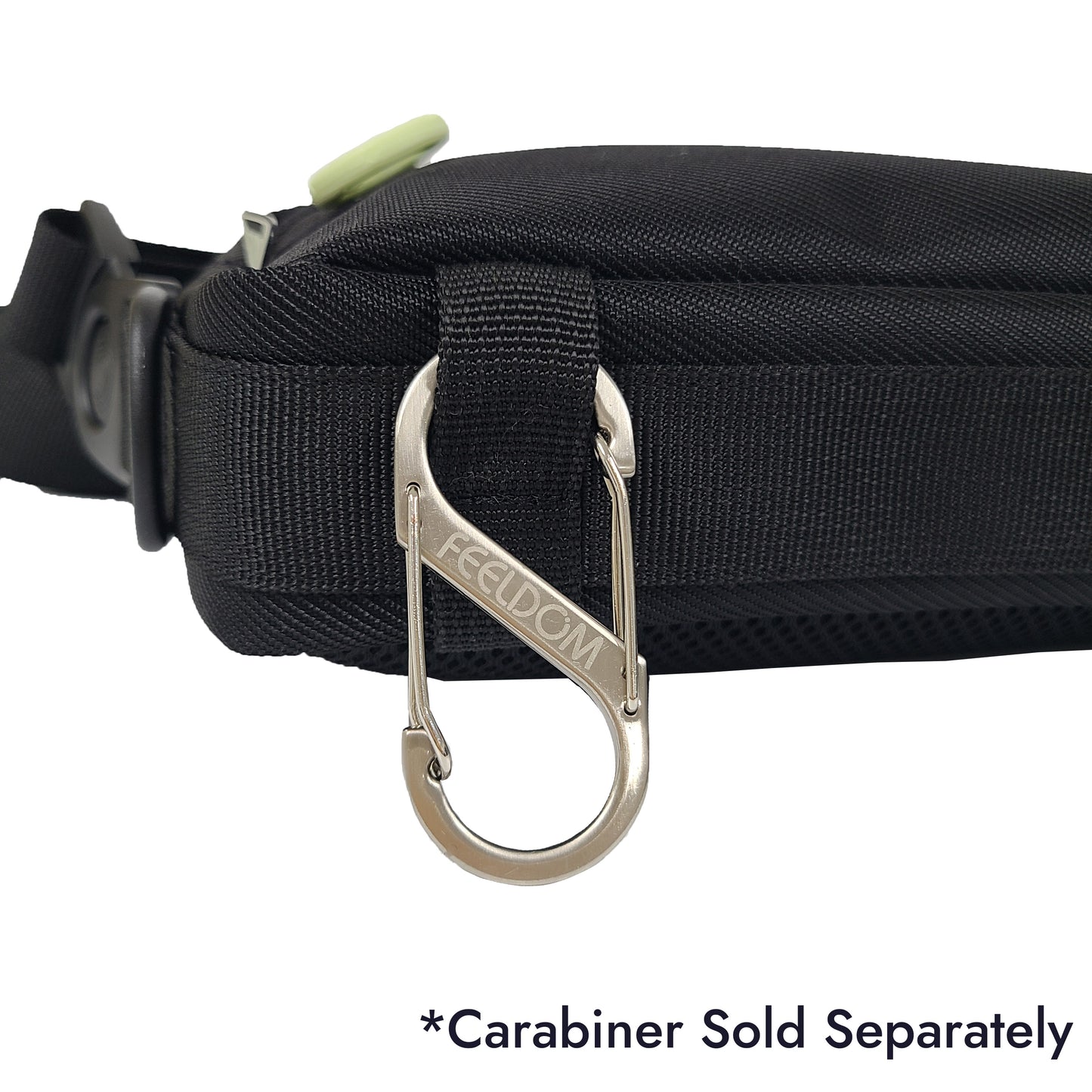 Carabiner sold separately... The Metal double ended carabiner is attached to the bottom webbing straps that go along the base of the cross body bag. There are 4 small webbing loops, each 3 cm / 1 inch in diameter.