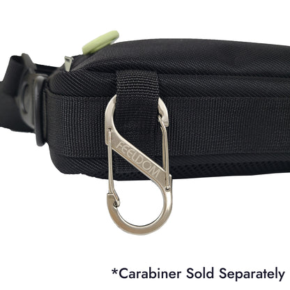 Carabiner sold separately... The Metal double ended carabiner is attached to the bottom webbing straps that go along the base of the cross body bag. There are 4 small webbing loops, each 3 cm / 1 inch in diameter.