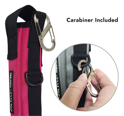Pink and black cane pouch with a silver carabiner, shown with text 'Carabiner Included' and a circular inset demonstrating the carabiner clipping onto the D-ring.