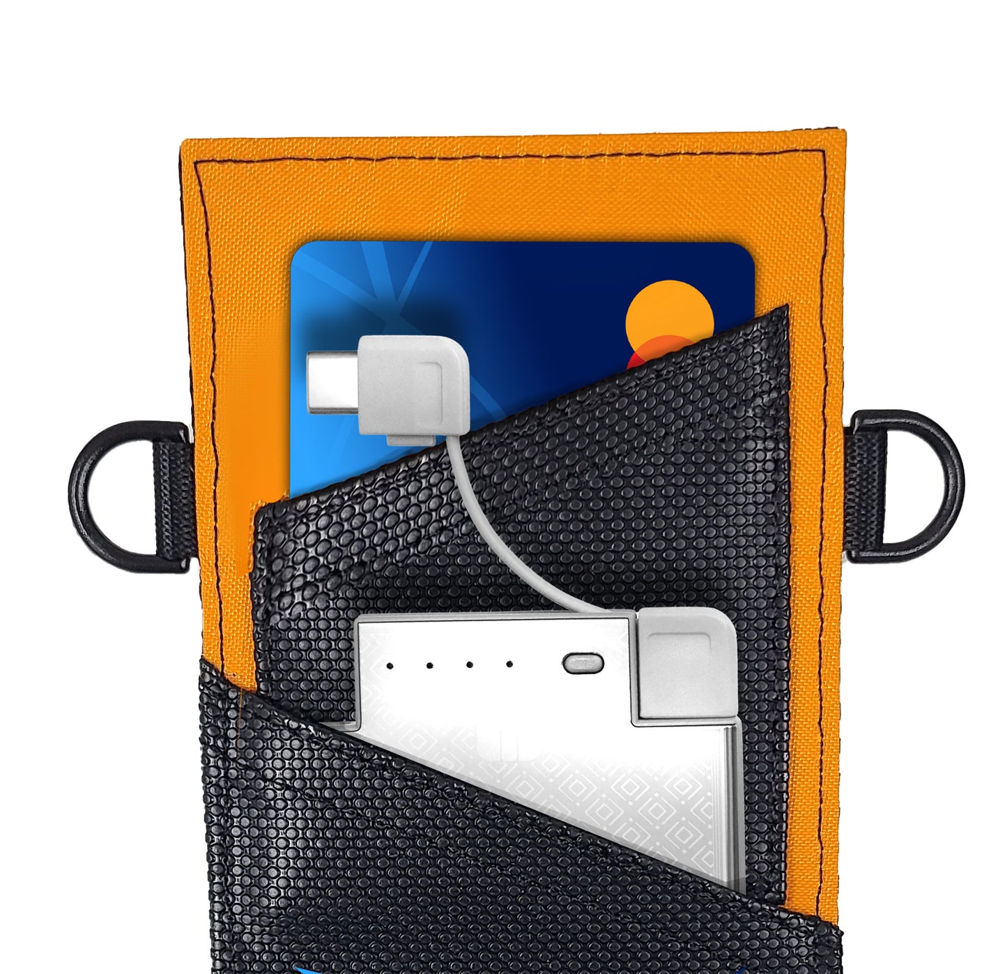 Close up detail of the rubberized card cases inside the back of the phone case.  There is a credit card in the top slot, and the lower slot is wider to accommodate a card-sized mini battery.