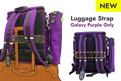 Backside view of a purple backpack attached to the handle of a rolling suitcase.  The backpack has a horizontal  luggage strap midway along the back. This feature is available on the purple backpack only.