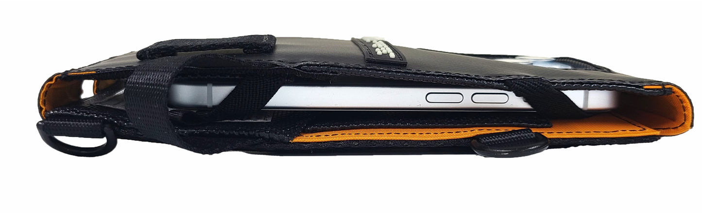 Side profile of the Navi-Flip when it has a phone inside it and it's lying closed on its side. The slim fit is like a  phone case or a wallet made with heavy duty synthetic leather or PVC Vinyl lined with nylon.