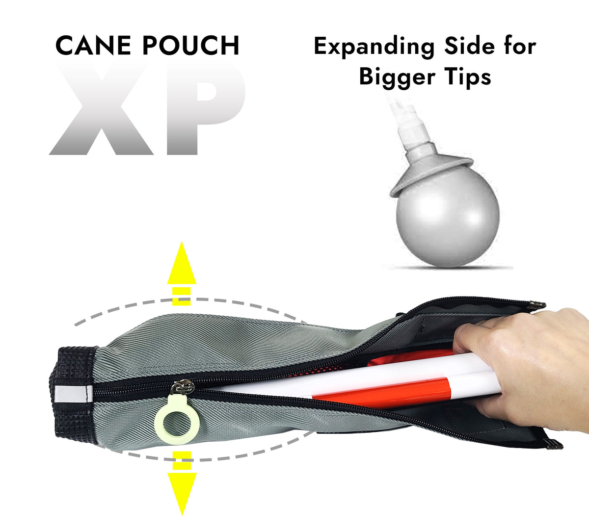 Detail of an zipped-open cane pouch with a person's hand putting in a cane with a large ball tip.  The pouch expands to allow the ball tip to go into the bottom of the pouch.  