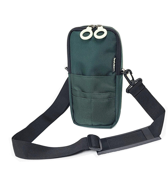 A dark forest green rectangle pouch with a black strap and white zipper rings. Double rings and a small tag. Wide Black shoulder strap is clipped to both sides. Front pockets for cellphone and up to 4 cards or other small items.