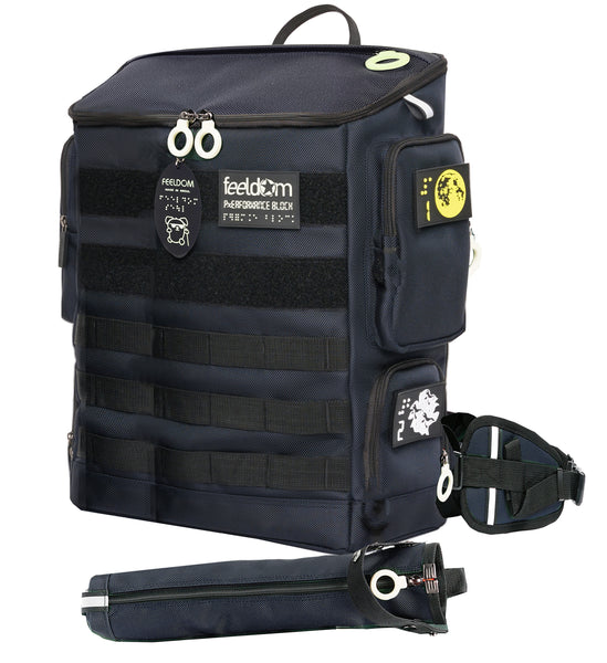 A medium sized, box-shaped backpack with a cane pouch and zipper pockets on the outside. It is dark navy with black trim, webbing, velcro, and has white ring-shaped zipper pulls. The outer pockets have colorful Braille tactile patches which are removable by velcro.