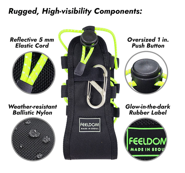 A black tactical water bottle holster with neon yellow reflective elastic cords on both sides that are able to be tightened or loosened using a large black cord stopper button on the front. The label says FEELDOM glow in the dark and heavy duty ballistic nylon including a metal carabiner.