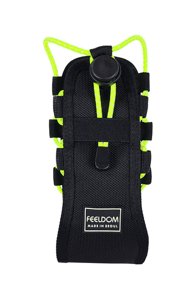 A black water bottle holster with bright neon yellow elastic cording on both sides.