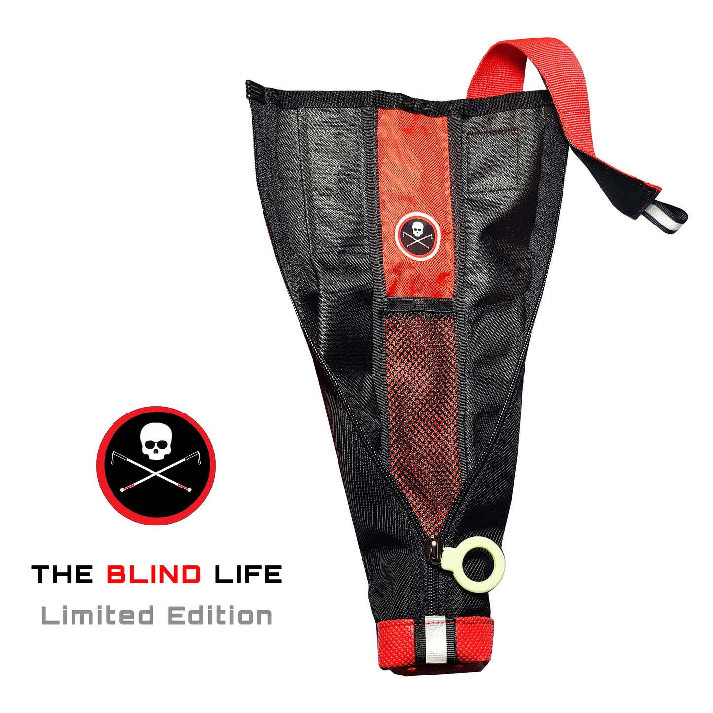 A black and red cane pouch, fully unzipped vertically, with a skull and crossbones logo inside, shown on a white background with 'THE BLIND LIFE Limited Edition' text and logo overlay.