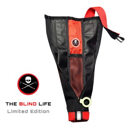 A black and red cane pouch, fully unzipped vertically, with a skull and crossbones logo inside, shown on a white background with 'THE BLIND LIFE Limited Edition' text and logo overlay.