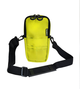 A Bright yellow-green rectangle pouch with a black strap and black zipper. Double rings and a small tag. Wide Black shoulder strap is clipped to both sides. Front pockets for cellphone and up to 4 cards or other small items. 