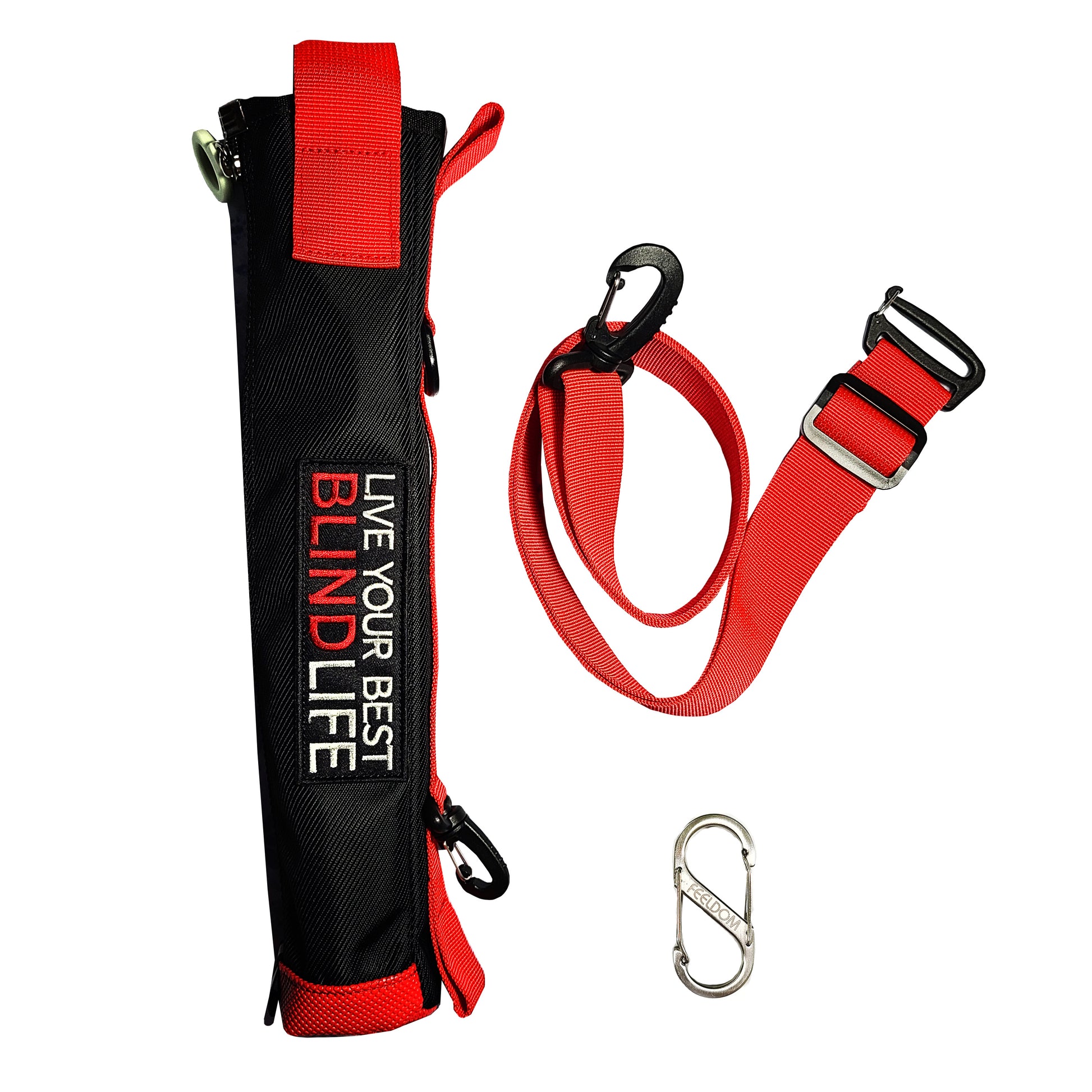 Red and black cane pouch set shown with its carrying case, detached red crossbody strap, and silver carabiner on a white background.