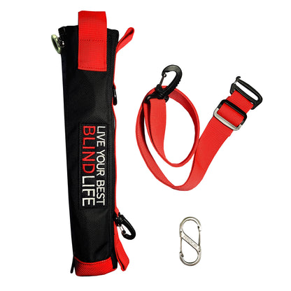 Red and black cane pouch set shown with its carrying case, detached red crossbody strap, and silver carabiner on a white background.