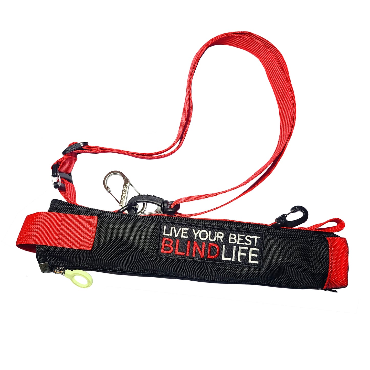 A black 13-inch cane pouch with a white zipper pull ring, a red strap closure and textured rubber base, a large black and red embroidered patch saying 'LIVE YOUR BEST BLIND LIFE' in large capital letters, complete with a red shoulder strap and metal carabiner.