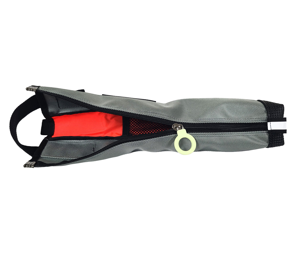 An open Mercury Silver Gray cane pouch with a white zipper ring pull and a bright neon red lining.  Inside is a narrow mesh pocket in the middle, and the corners of the pouch are reinforced with metal corners.