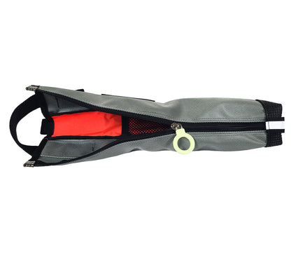 An open Mercury Silver Gray cane pouch with a white zipper ring pull and a bright neon red lining.  Inside is a narrow mesh pocket in the middle, and the corners of the pouch are reinforced with metal corners.