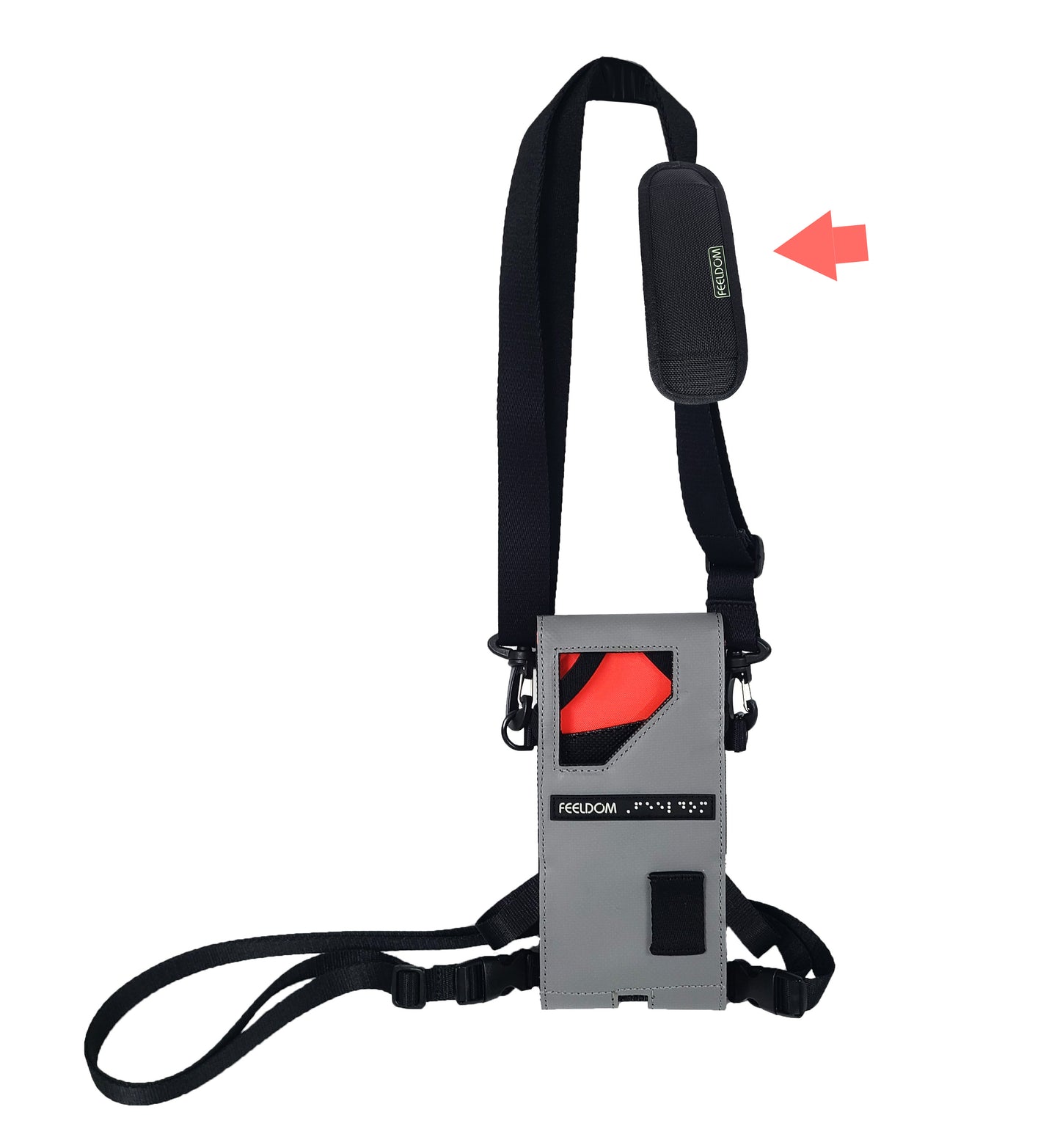 A gray rectangular pouch with a front window, red lining and black straps for the neck and waist. A small arrow points to the Neck Pad that is included with this item's selection.