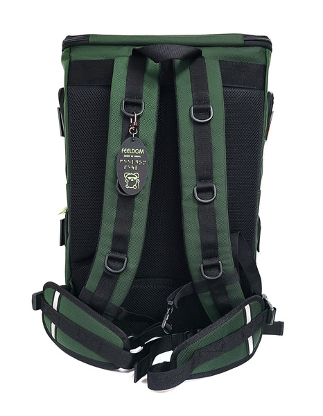 Back view of a large backpack, Dark Forest Green with black air mesh backing, a reflective waist belt and padded straps with 3 D rings on each strap. The Braille design keyfob is attached to the strap.