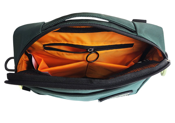 Open view of the main compartment of the TEKNO pouch. The forest green looks nice with the bright orange lining. Inside are 2 zipper pockets, each with metal ring pulls. THere are also 2 smaller pouches for a phone and smaller items.. There is a handle along the top of the bagl