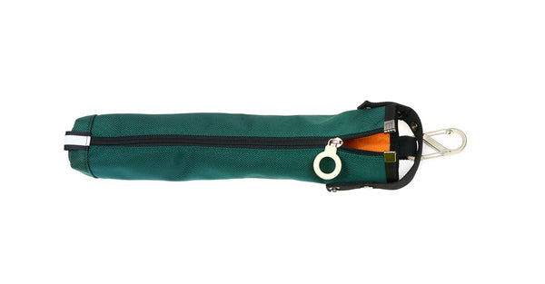 A Forest Green Cane Pouch with a zipper down the middle and a white Zipper ring pull. It has a metal S-shaped carabiner attached to the top loop, and there is an adjustable band with snaps on it along the top of the case. It has an orange lining and a reflective tab on it.