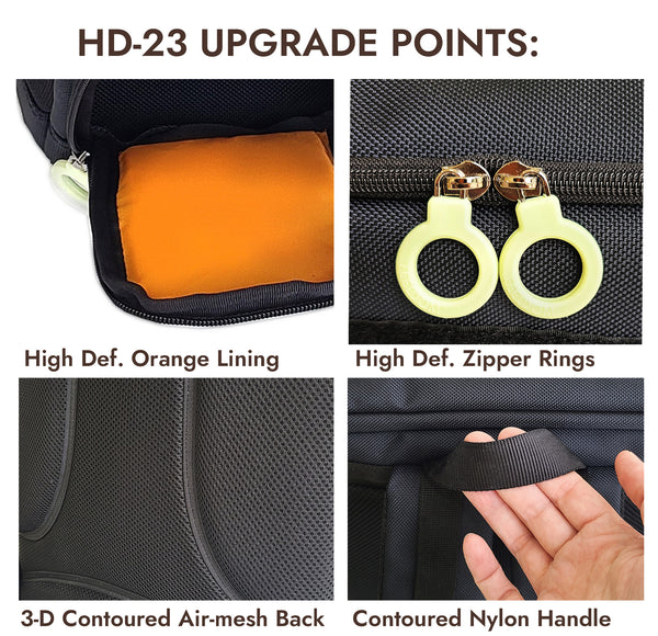 HD-23 Upgrade Points: High Def Orange Lining, High Def white zipper rings, 3-D Contoured air mesh back, contoured nylon handle.