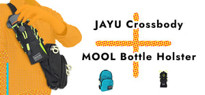 Graphic Design in orange and black:  A person carrying the JAYU Crossbody with the MOOL Bottle holster attached.  (On sale as a set)