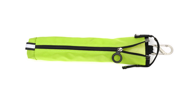 A bright yellowish green cane pouch with a black zipper down the middle, a black zipper ring and a metal carabiner attached to the top.