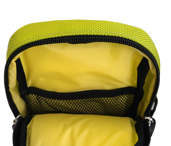 Open view detail of a bright yellowish-green Quik-E Pouch with black zipper and black trim. The inside lining greenish-yellow, and the mesh pocket is black.