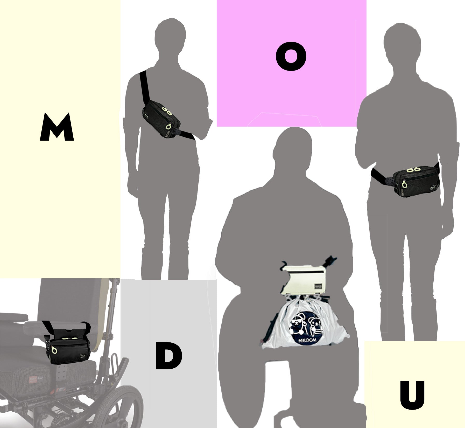 A collage of 4 ways to use the Modu Mini bag:  The bag is wheelchair / walker mode, waist bag mode, crossbody mode, and worn by a person in a wheelchair who has attached the Feeldom Shopr bag to the bottom of the  waist bag. Text on a colorful background spells the word MODU