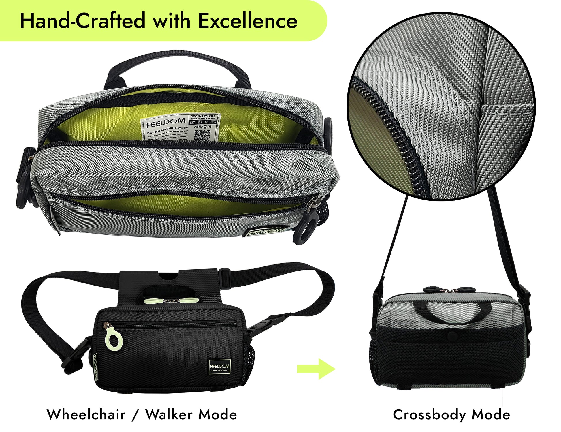 Collage of the main features of the Modu mini bag in the color "Mercury Silver with Kiwi (greenish yellow) lining and black trim.  A large handle at the top of the bag. Double seam stitched trim and reinforced edges of quality craftsmanship. The twill fabric is heavy duty nylon, and the back of the bag is a snap closure pocket made with breathable air-mesh. Wheelchair and crossbody modes.