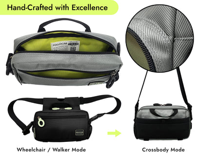 Collage of the main features of the Modu mini bag in the color "Mercury Silver with Kiwi (greenish yellow) lining and black trim.  A large handle at the top of the bag. Double seam stitched trim and reinforced edges of quality craftsmanship. The twill fabric is heavy duty nylon, and the back of the bag is a snap closure pocket made with breathable air-mesh. Wheelchair and crossbody modes.