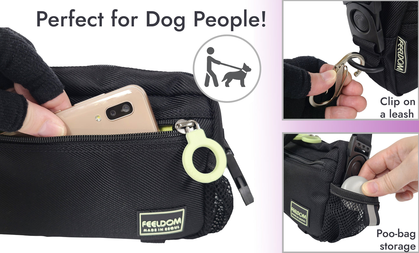 A collage of 3 ways to use the Modu Mini bag, with the title reading "Perfect for dog people!" and an icon of a person walking a dog.  Closeups of a phone in the front pocket, a carabiner attaching to the side of the bag, where there's a D-ring to "Clip on a leash." and a small mesh pouch on the side for "Poo bag storage".