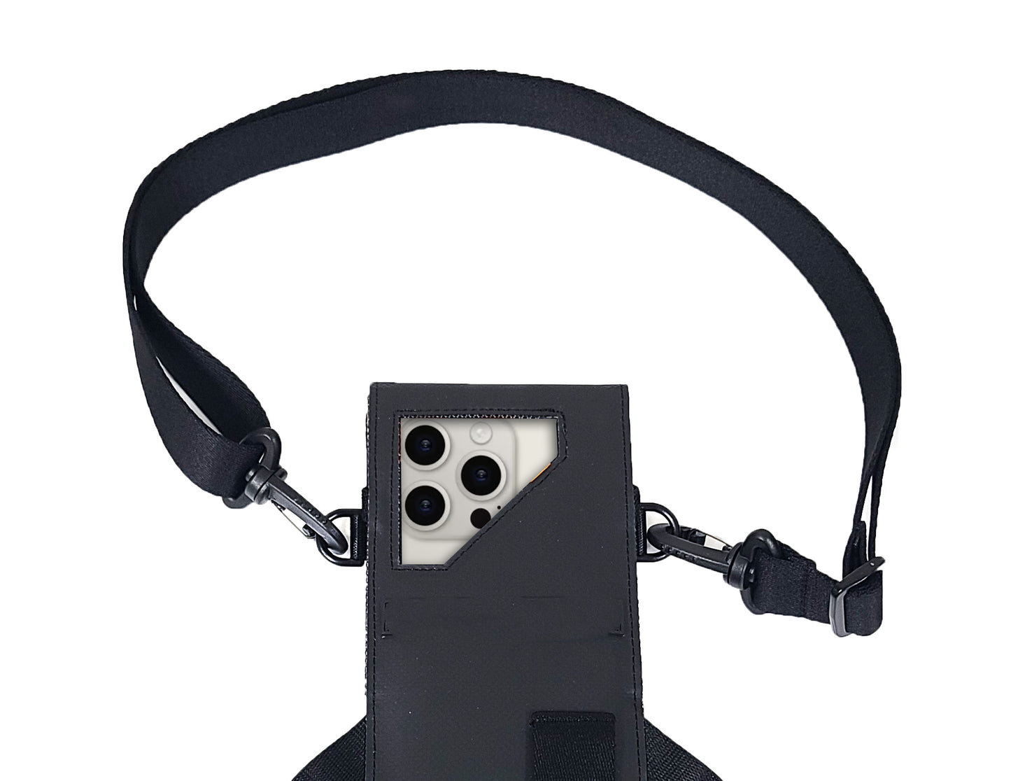 The top half of a black phone case with a neck strap.  The window of the case has a phone camera facing outward.
