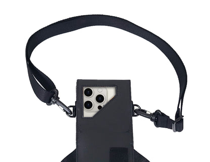 The top half of a black phone case with a neck strap.  The window of the case has a phone camera facing outward.
