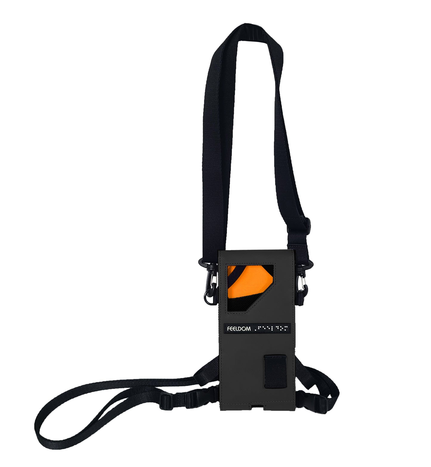 A Black rectangular pouch with a front window, orange lining and black straps for the neck and waist.