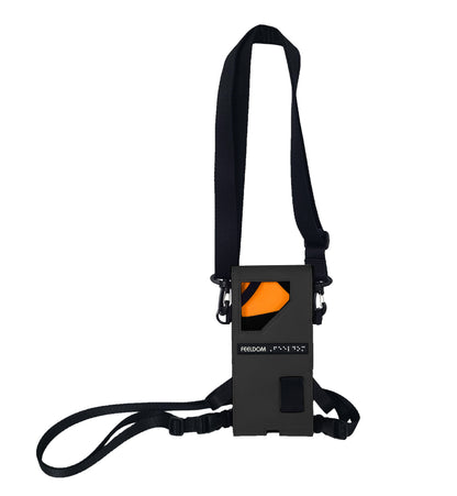 A Black rectangular pouch with a front window, orange lining and black straps for the neck and waist.