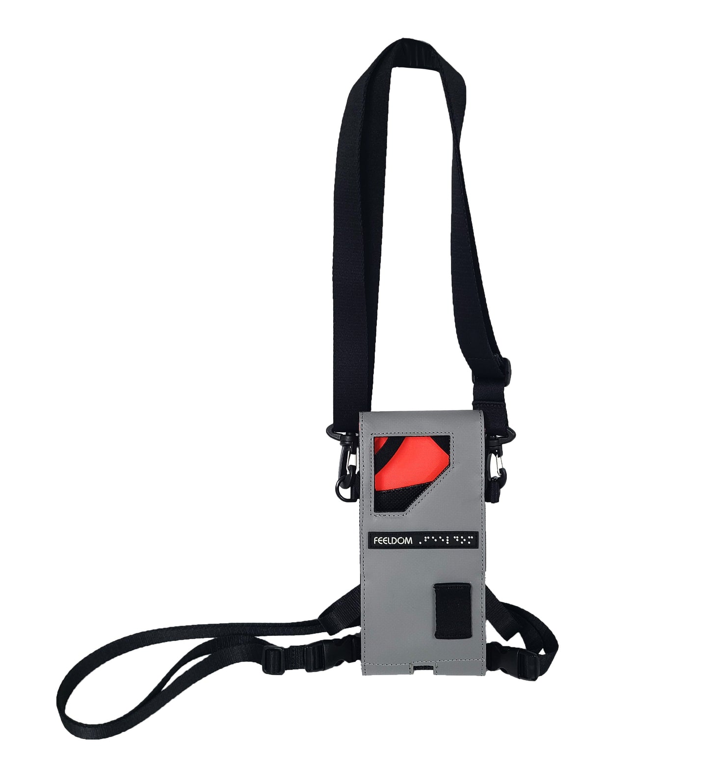 A gray rectangular pouch with a front window, red lining and black straps for the neck and waist. 