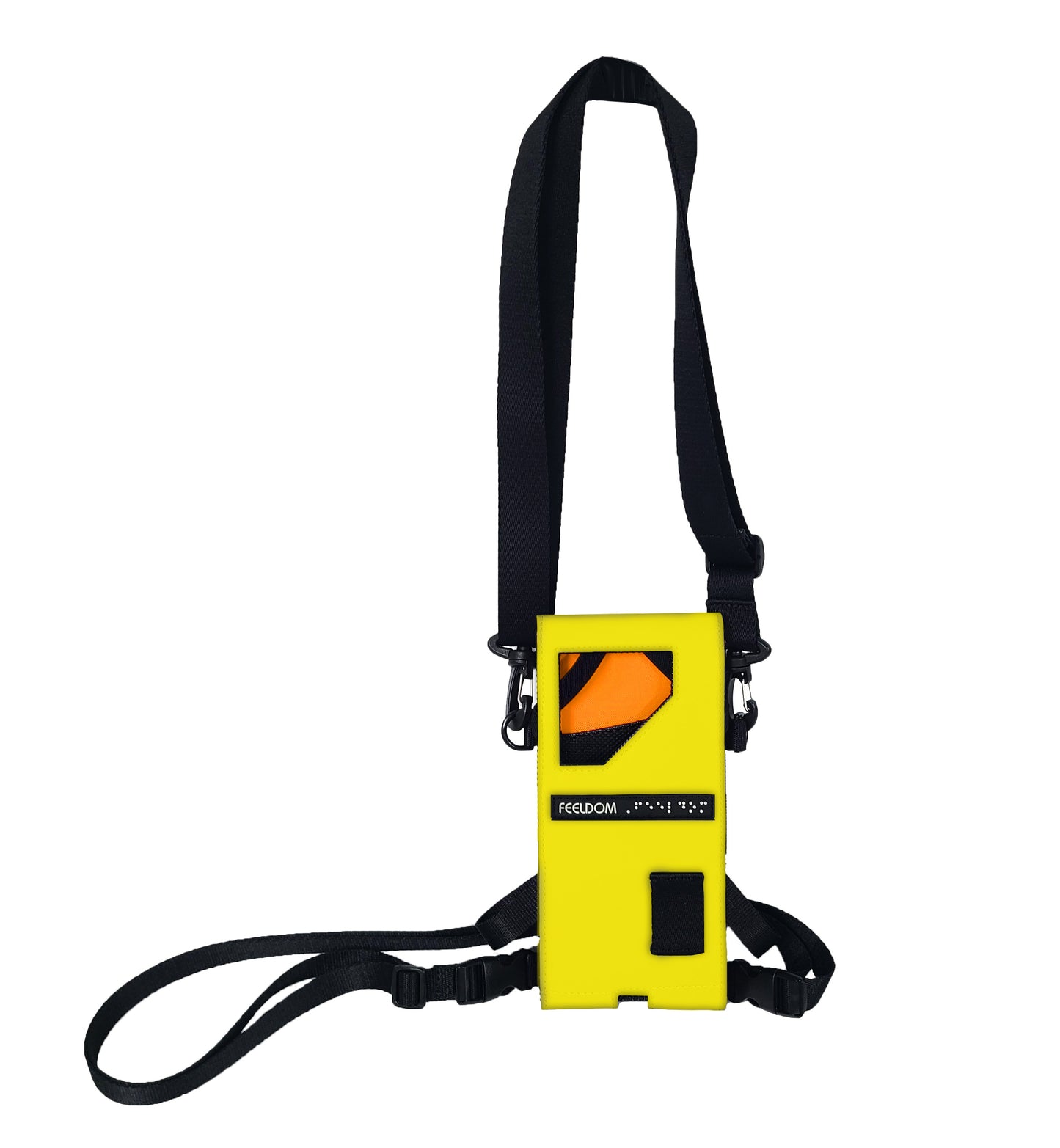 A bright yellow phone case with adjustable black neck and waist straps, featuring an angled cutout window on the front and an orange interior.