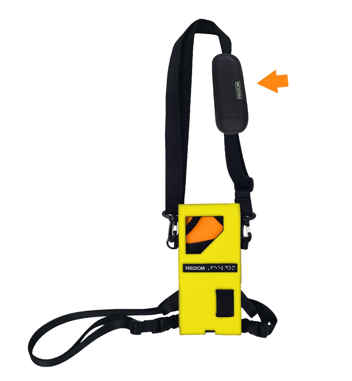 A Yellow rectangular pouch with a front window, orange lining and black straps for the neck and waist. A small arrow points to the Neck Pad that is included with this item's selection.