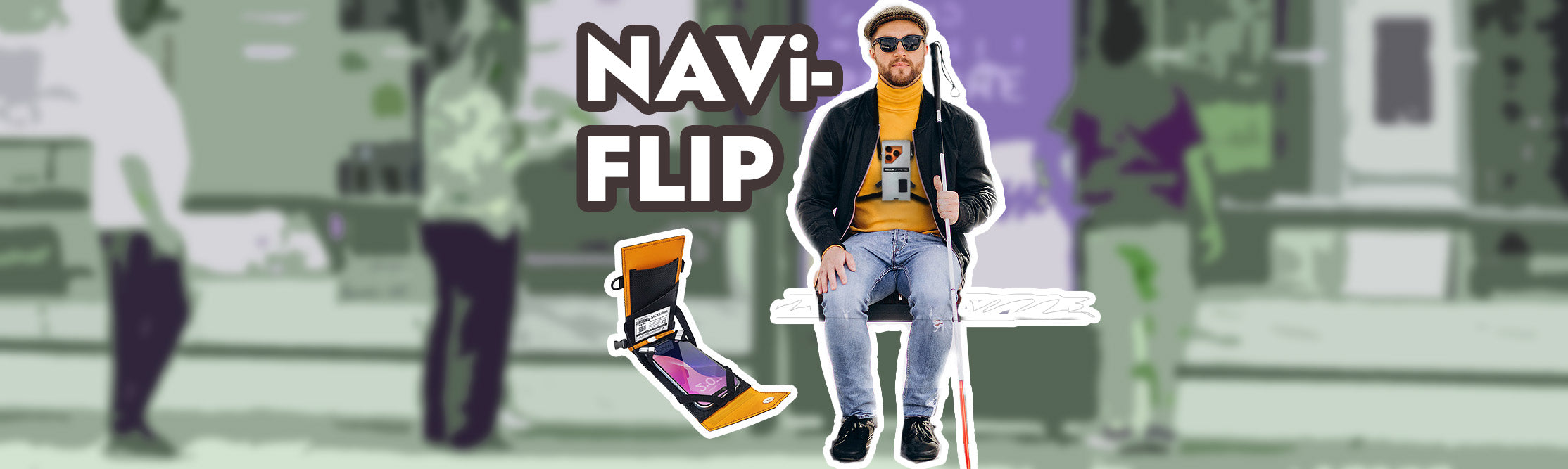 A stylized graphic with the text 'NAVi-FLiP' .  People at a bus stop with a seated man in sunglasses and hat wearing a black jacket, yellow shirt, and jeans, with a Navi Flip on the front of his chest.