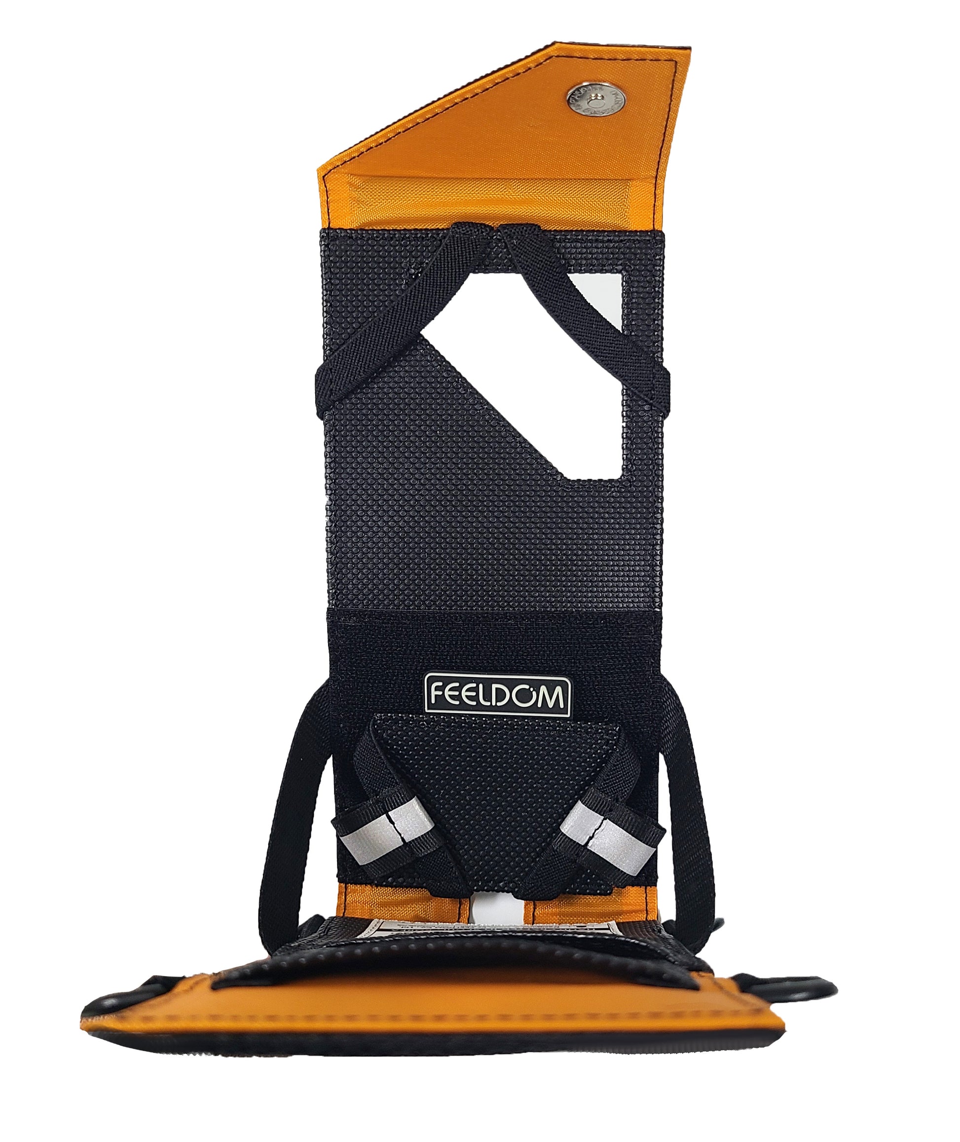 A black rubberized phone case is flipped open to a 90-degree angle, showing the front of the inside of the case and the empty window-hole in the front. There are elastic bands on 4 corners where the phone is placed.  The magnetic top flap is lined with orange nylon.