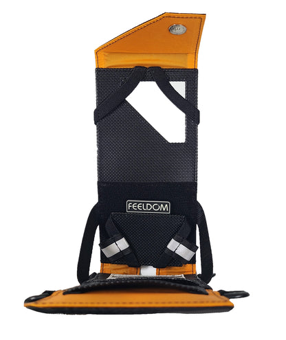 A black rubberized phone case is flipped open to a 90-degree angle, showing the front of the inside of the case and the empty window-hole in the front. There are elastic bands on 4 corners where the phone is placed.  The magnetic top flap is lined with orange nylon.