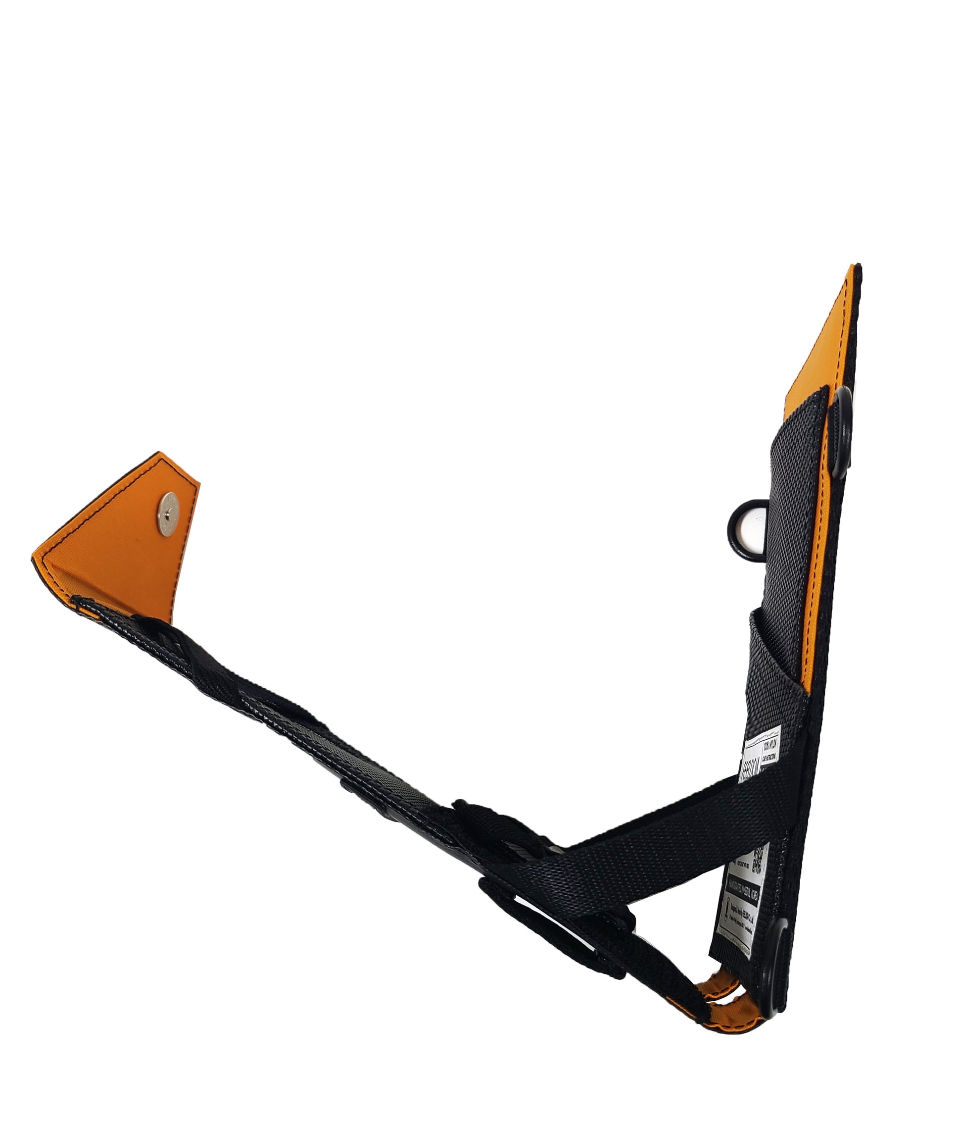 Side view of a magnetic phone case that is flipped open at a 45 degree angle.  Small side straps limit the opening range to 90 degrees.