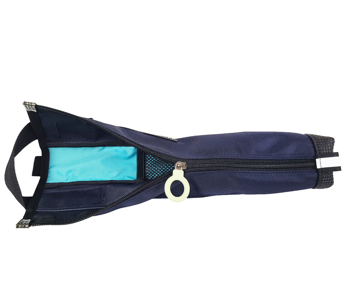 An open Navy Blue cane pouch with a white zipper ring pull and a bright aqua blue lining.  Inside is a narrow mesh pocket in the middle, and the corners of the pouch are reinforced with metal corners.