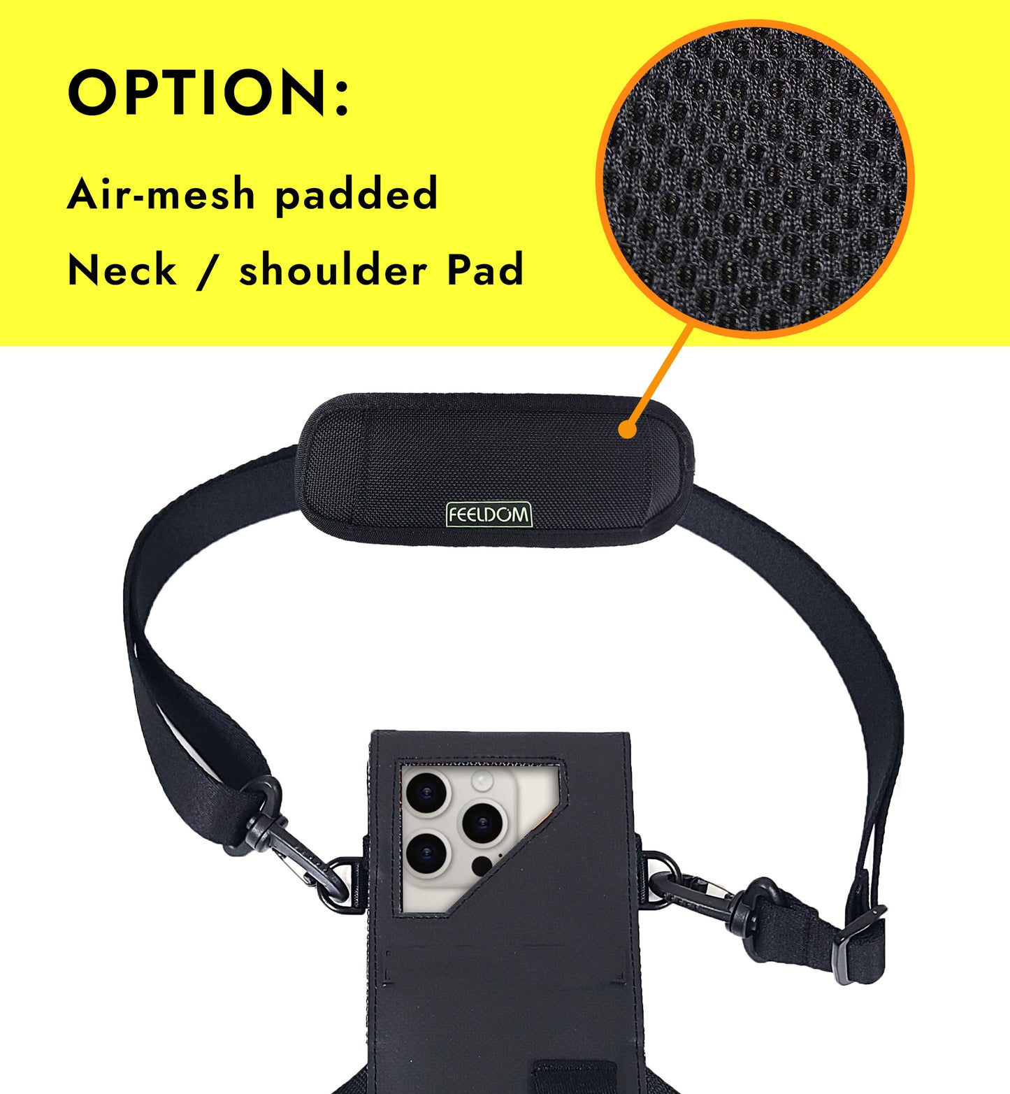 Detail of the available option padded neck pad, which can be attached to the neck strap for more comfortable use over extended hours.