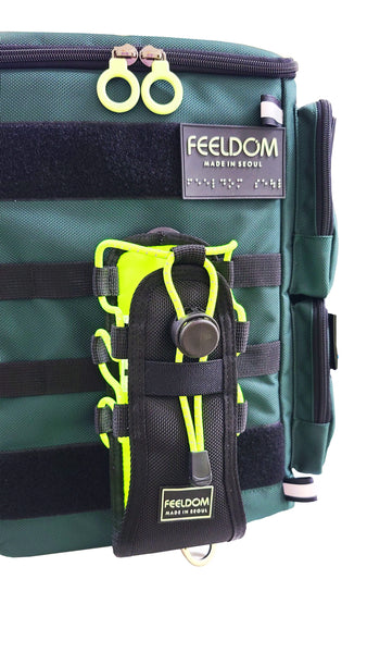 A black and neon yellow tactical bottle holster that is attached to the MOLLE webbing (horizontal straps) on the FEELDOM Performance Block series backpack. It look super high-contrast and heavy duty with a slim profile.