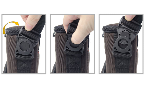 Two side buckles for a shoulder strap or wheelchair straps are push-button buckle type. Made with hard molded plastic, they are rotatable in the socket up to 30 degrees left or right, allowing for a more comfotable carry or fit onto the wheelchair bars.