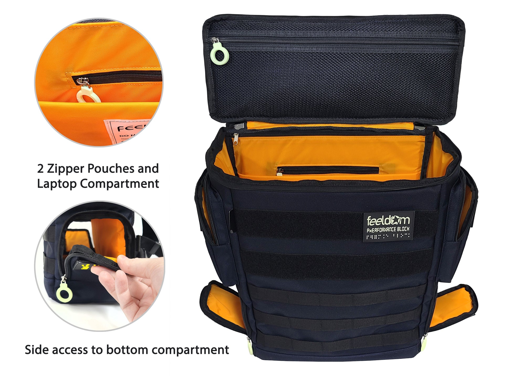 Close up details of the Performance Block Medium S-Series pocket structures. There is a mesh zipper pouch on both the inside and outside of the lid, a small zipper pouch inside, and a large padded laptop compartment inside.  Both bottom access points open to the side of the main compartment, and there are two larger zipper pouches on either side of the bag.
