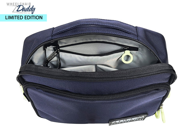 A Navy blue travel pouch with a silver lining and metal carabiner, zipper pouches. LIMITED EDITION issue
