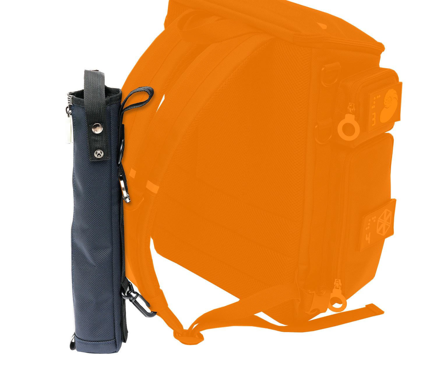 Detail of a navy blue cane pouch attached to the straps of the City block backpack. The carabiner attaches to the D-ring of the strap, while the smaller clip at the bottom of the pouch attaches to the lower part of the strap to help it be stabilized.